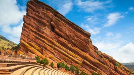 Red Rocks Amphitheatre with a blue sky in the background