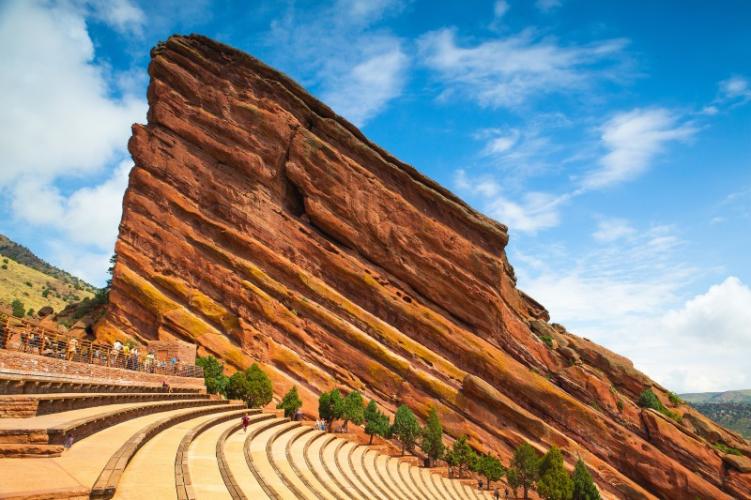 Red Rocks Amphitheatre with a blue sky in the background