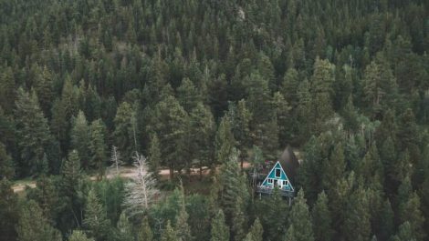 A blue A-frame home, one of the most secluded cabins in Colorado, tucked into a vast forest