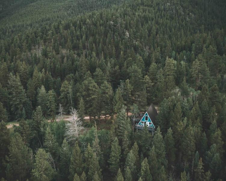 A blue A-frame home, one of the most secluded cabins in Colorado, tucked into a vast forest